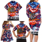 Personalised Knights ANZAC Day Family Matching Long Sleeve Bodycon Dress and Hawaiian Shirt Aboriginal Rising Sun