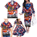 Personalised Knights ANZAC Day Family Matching Off The Shoulder Long Sleeve Dress and Hawaiian Shirt Aboriginal Rising Sun