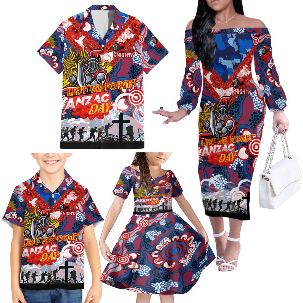Personalised Knights ANZAC Day Family Matching Off The Shoulder Long Sleeve Dress and Hawaiian Shirt Aboriginal Rising Sun