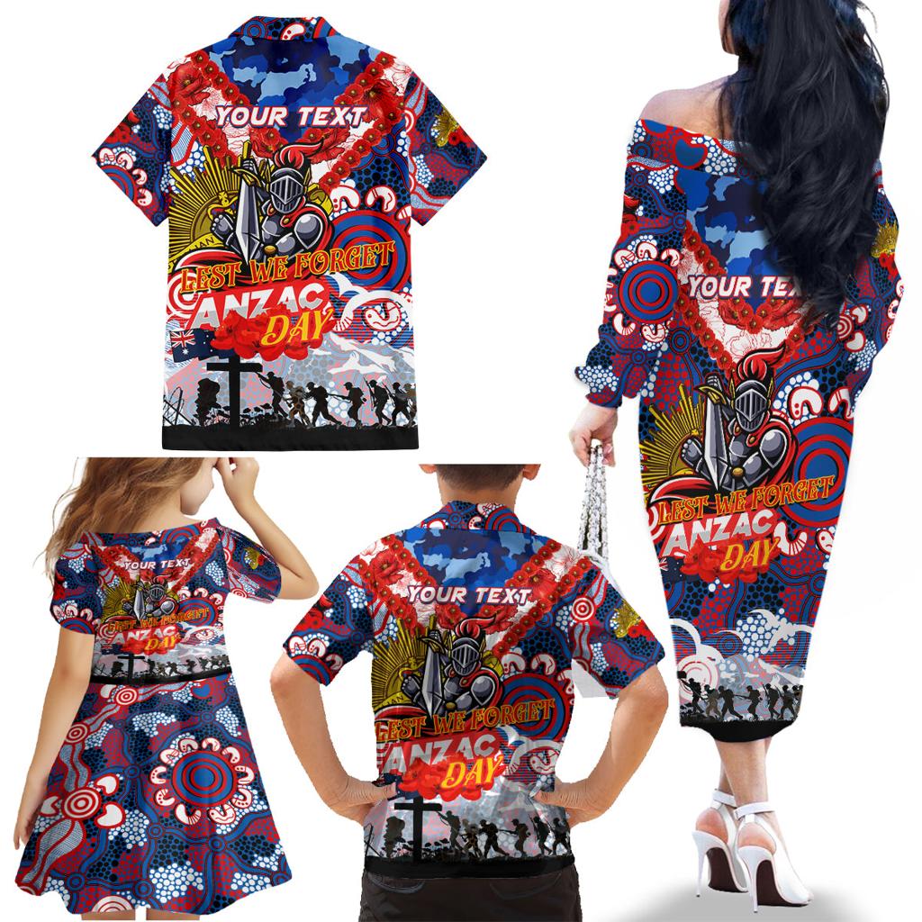 Personalised Knights ANZAC Day Family Matching Off The Shoulder Long Sleeve Dress and Hawaiian Shirt Aboriginal Rising Sun