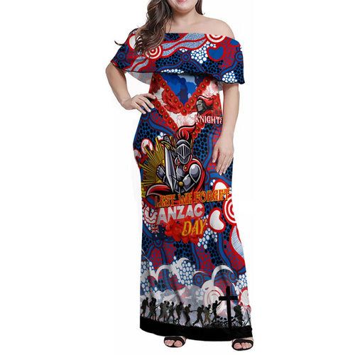 Personalised Knights ANZAC Day Family Matching Off Shoulder Maxi Dress and Hawaiian Shirt Aboriginal Rising Sun