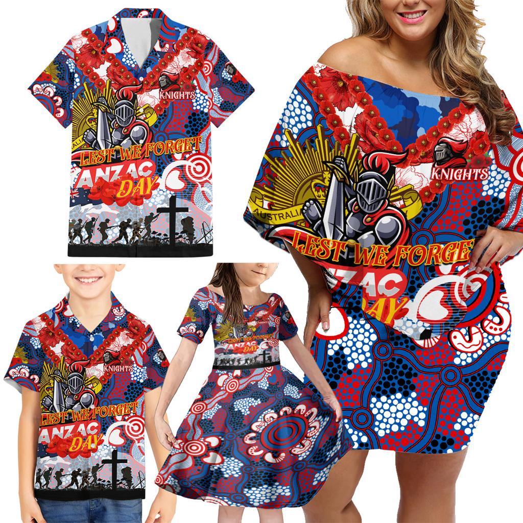 Personalised Knights ANZAC Day Family Matching Off Shoulder Short Dress and Hawaiian Shirt Aboriginal Rising Sun