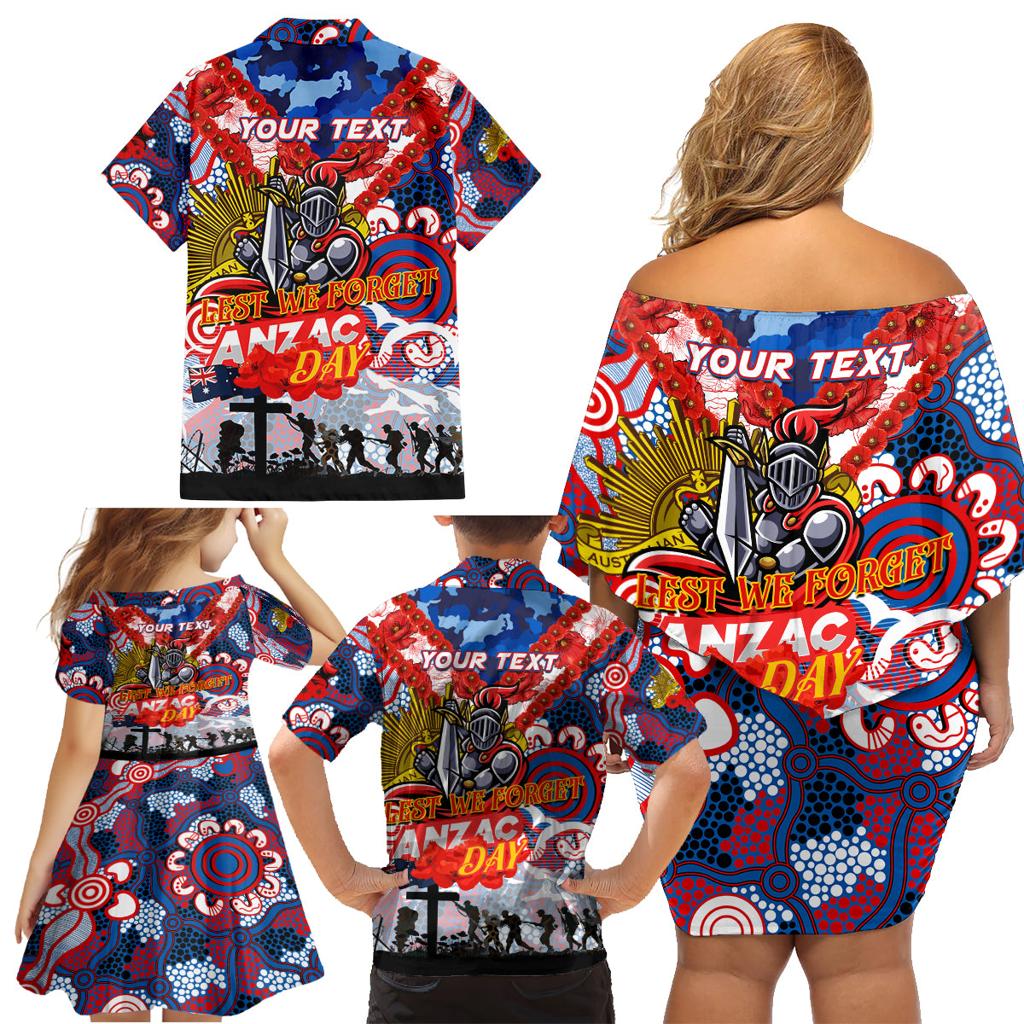 Personalised Knights ANZAC Day Family Matching Off Shoulder Short Dress and Hawaiian Shirt Aboriginal Rising Sun