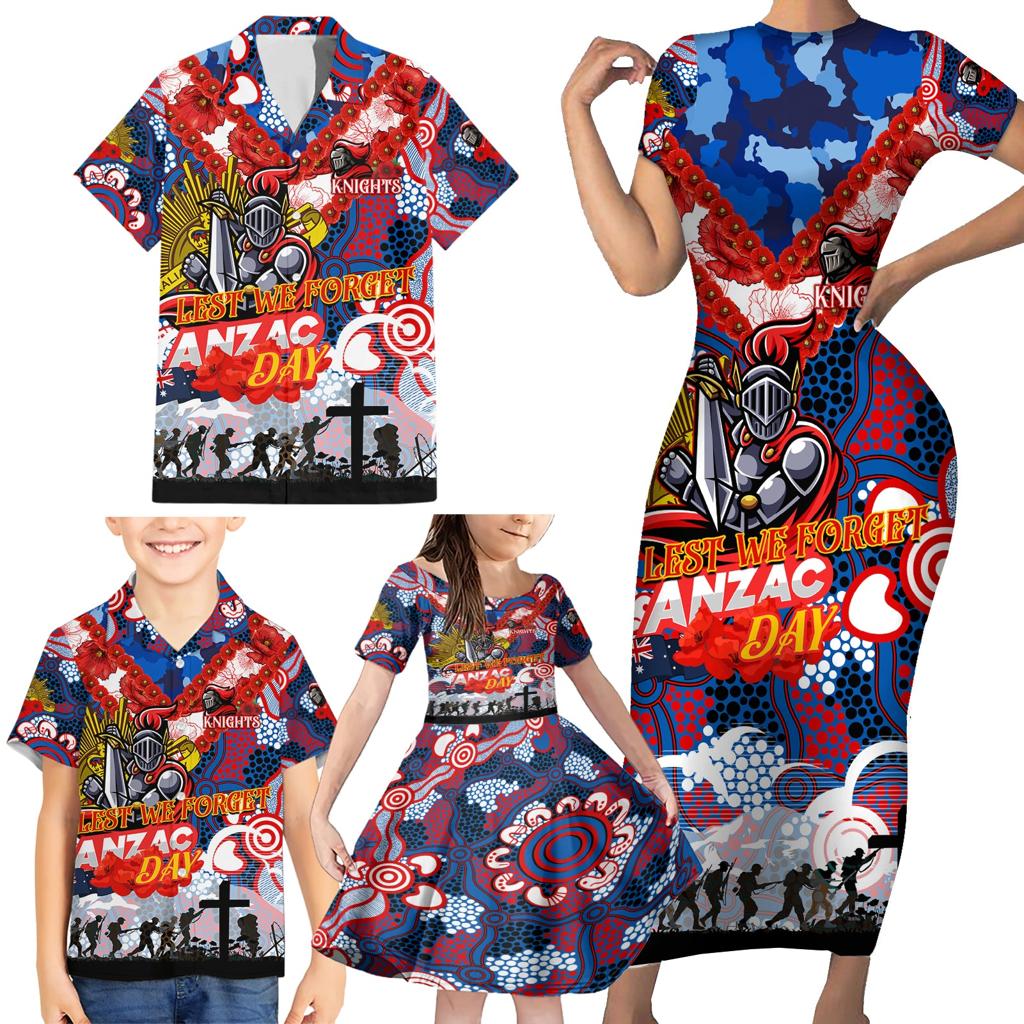 Personalised Knights ANZAC Day Family Matching Short Sleeve Bodycon Dress and Hawaiian Shirt Aboriginal Rising Sun