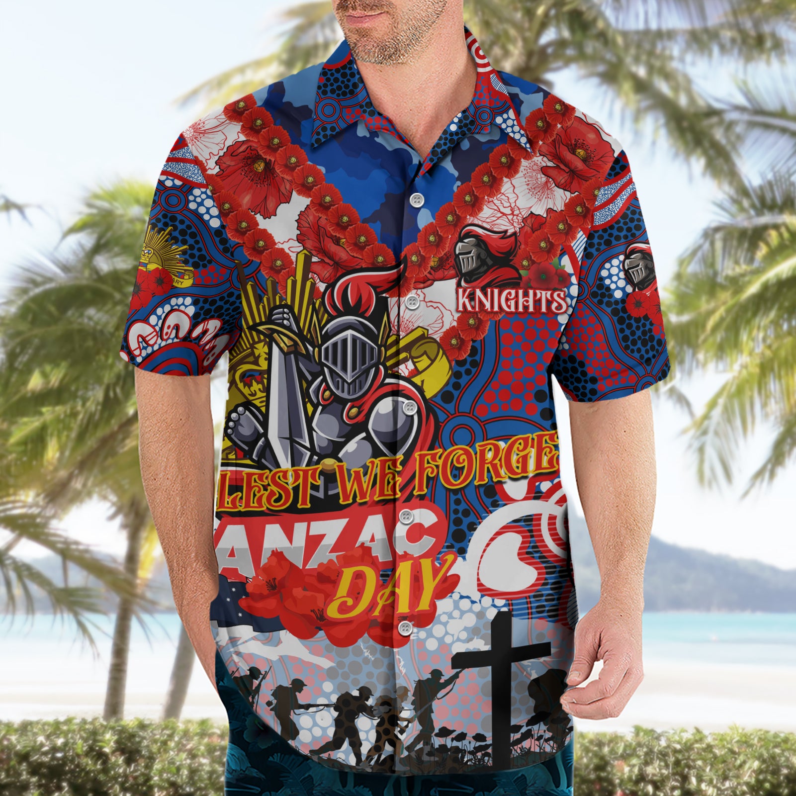 Personalised Knights ANZAC Day Hawaiian Shirt Aboriginal Rising Sun