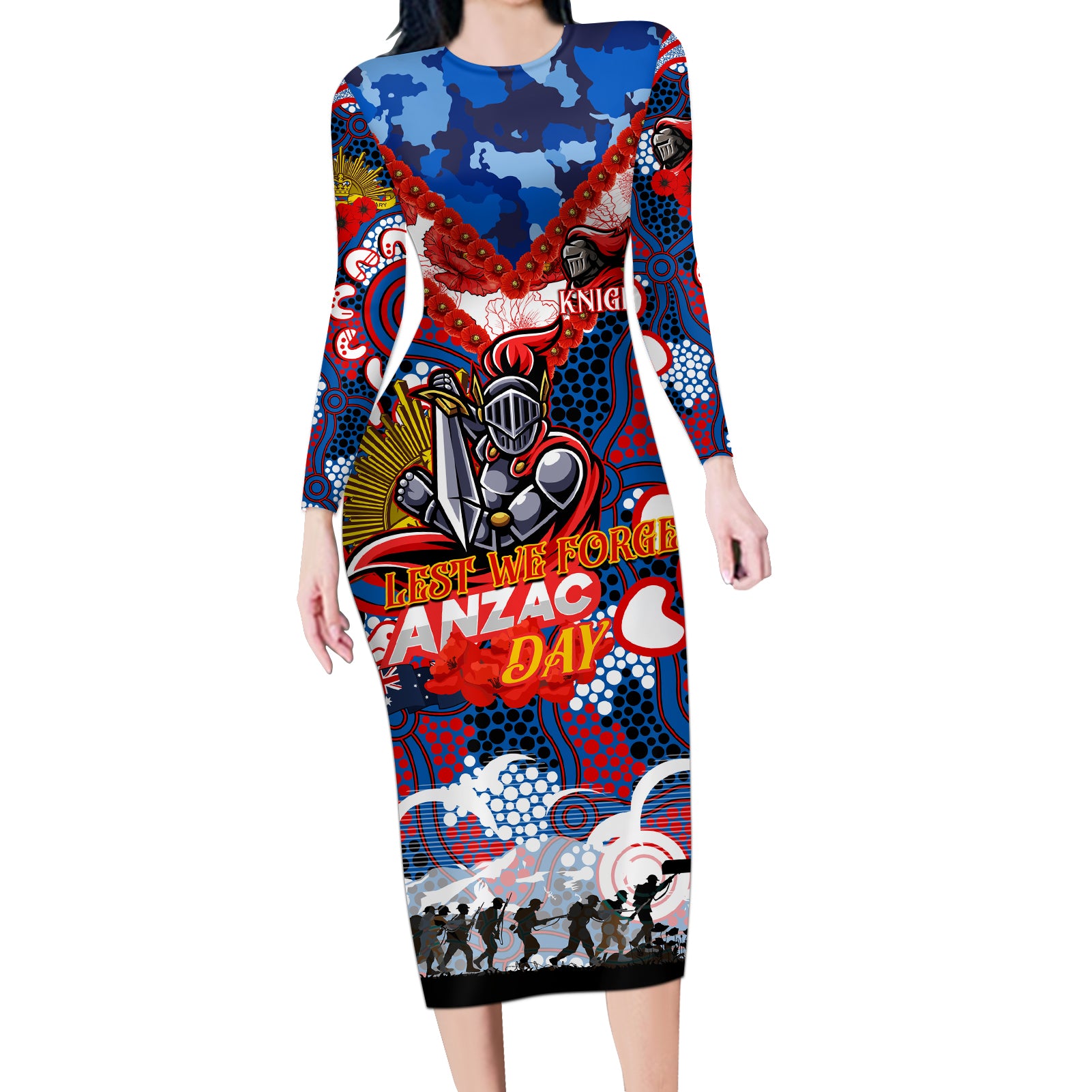 Personalised Knights ANZAC Day Long Sleeve Bodycon Dress Aboriginal Rising Sun