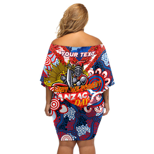 Personalised Knights ANZAC Day Off Shoulder Short Dress Aboriginal Rising Sun