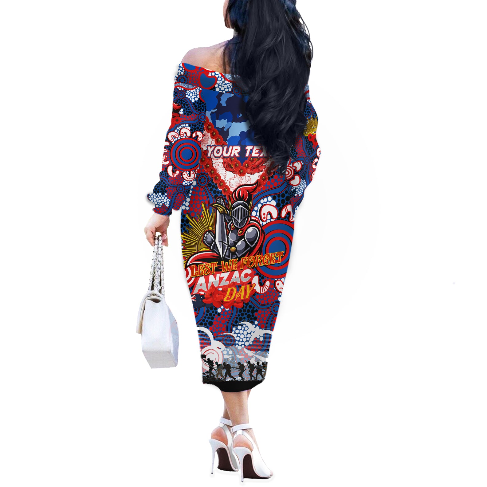 Personalised Knights ANZAC Day Off The Shoulder Long Sleeve Dress Aboriginal Rising Sun