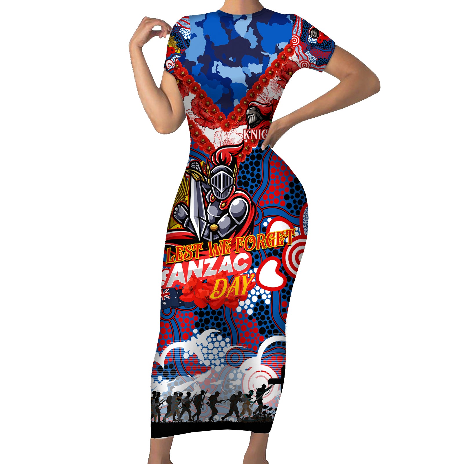 Personalised Knights ANZAC Day Short Sleeve Bodycon Dress Aboriginal Rising Sun