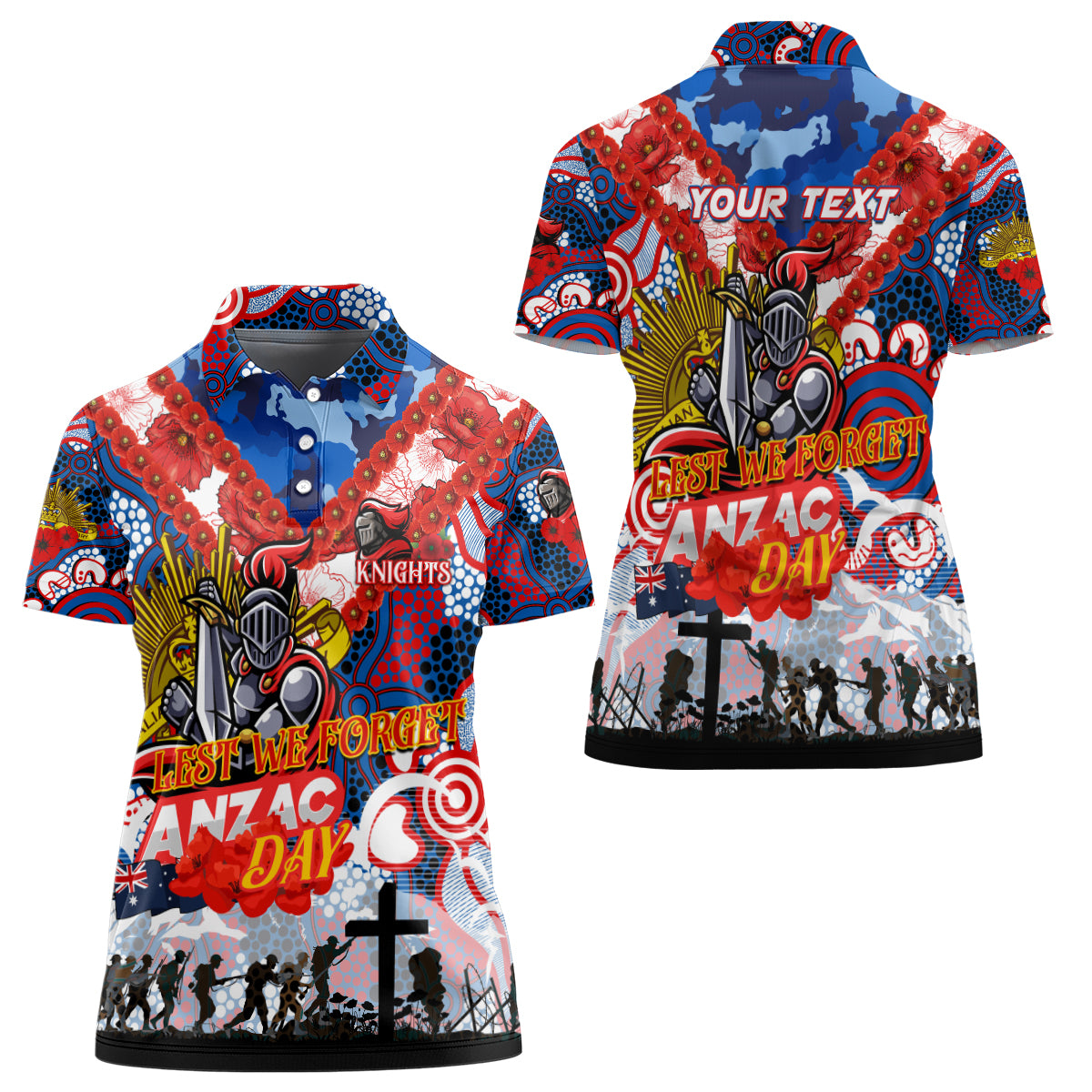 Personalised Knights ANZAC Day Women Polo Shirt Aboriginal Rising Sun