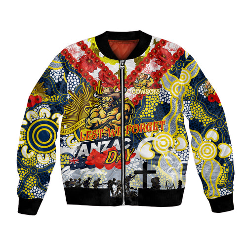 Personalised Cowboys ANZAC Day Bomber Jacket Aboriginal Rising Sun