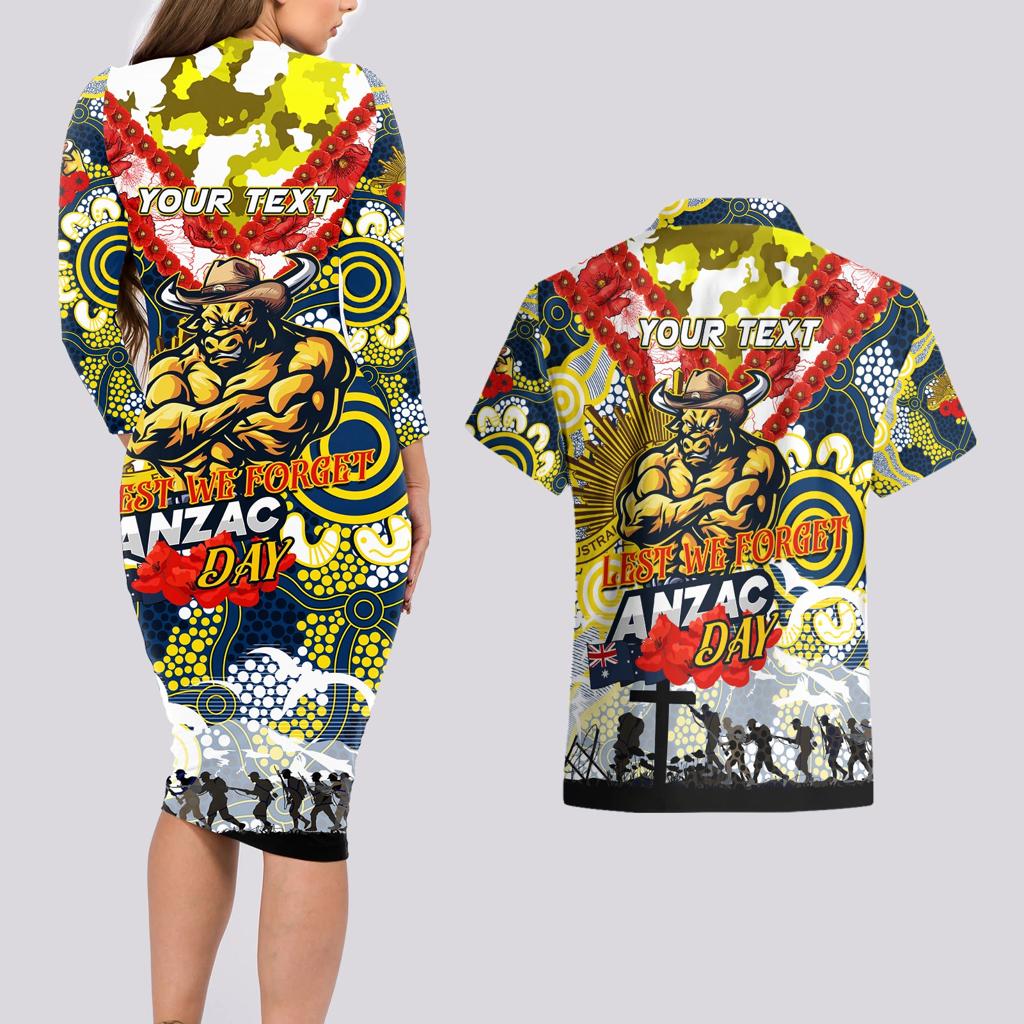 Personalised Cowboys ANZAC Day Couples Matching Long Sleeve Bodycon Dress and Hawaiian Shirt Aboriginal Rising Sun