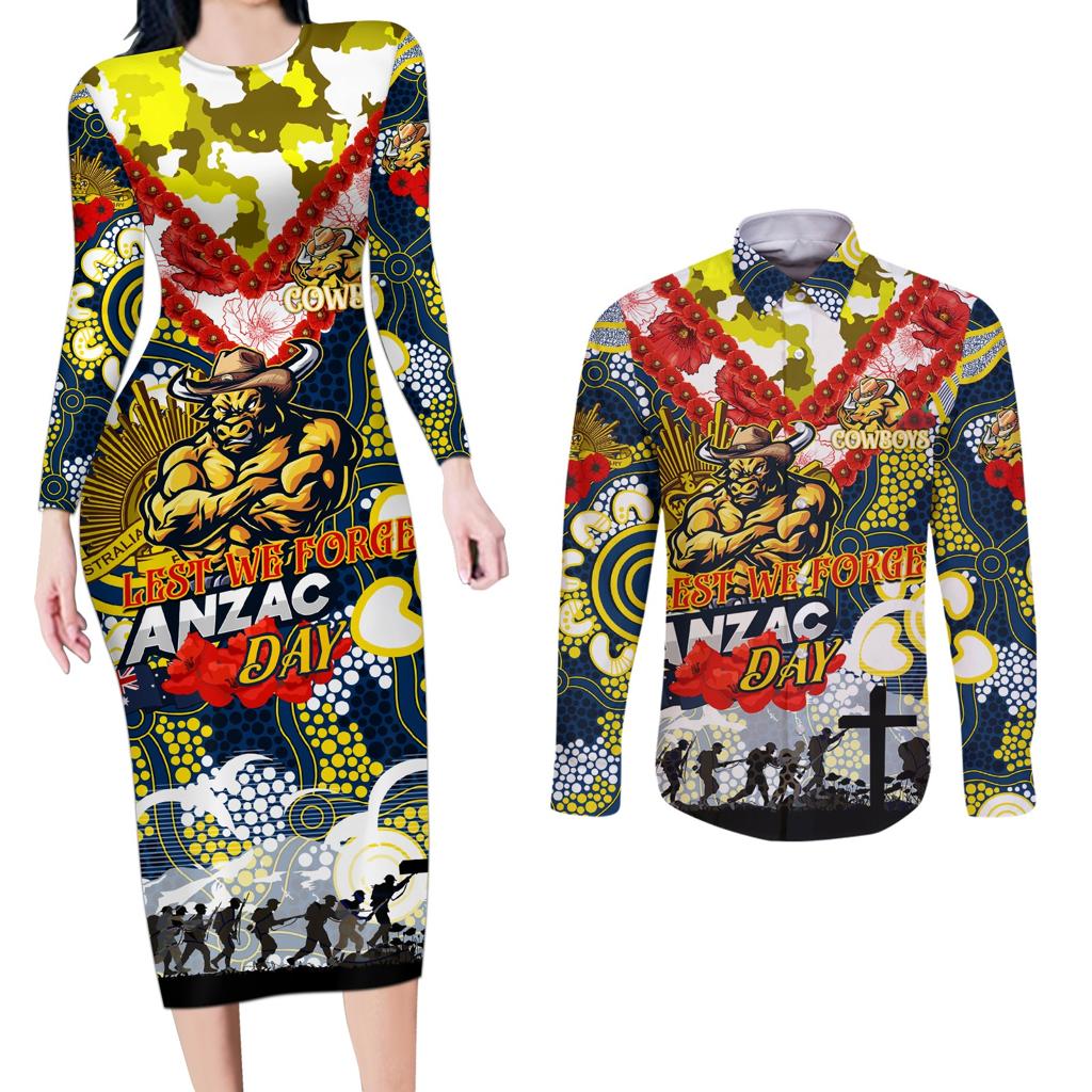 Personalised Cowboys ANZAC Day Couples Matching Long Sleeve Bodycon Dress and Long Sleeve Button Shirt Aboriginal Rising Sun