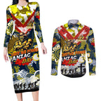 Personalised Cowboys ANZAC Day Couples Matching Long Sleeve Bodycon Dress and Long Sleeve Button Shirt Aboriginal Rising Sun