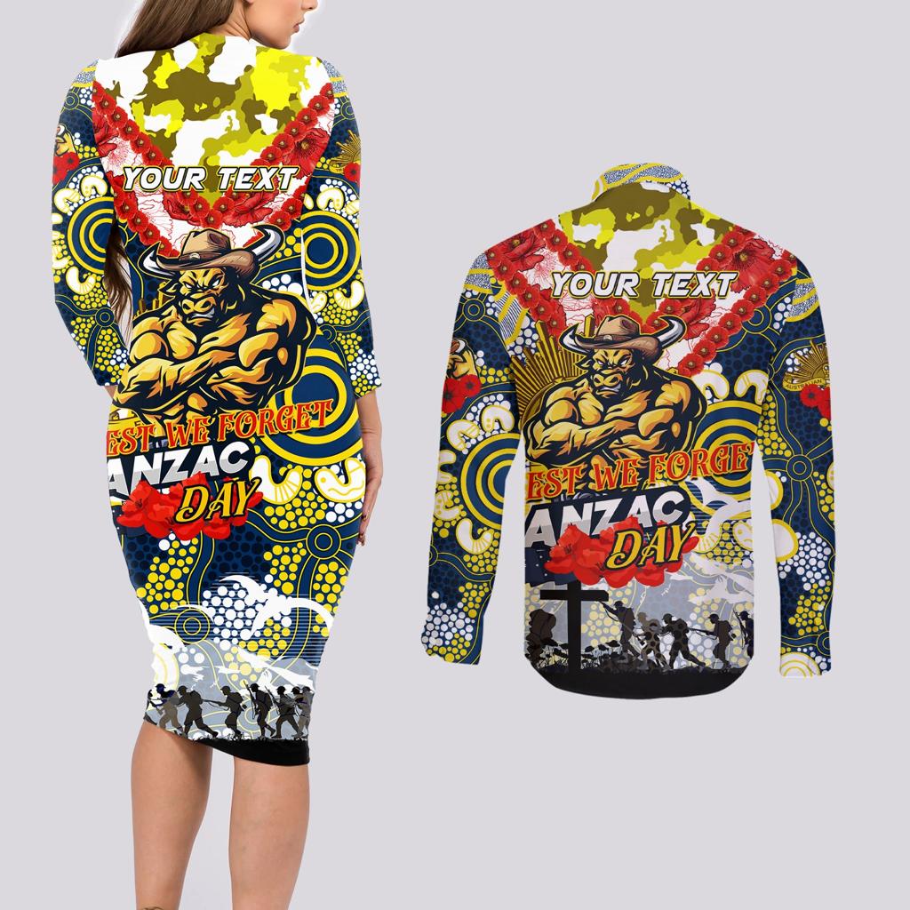 Personalised Cowboys ANZAC Day Couples Matching Long Sleeve Bodycon Dress and Long Sleeve Button Shirt Aboriginal Rising Sun