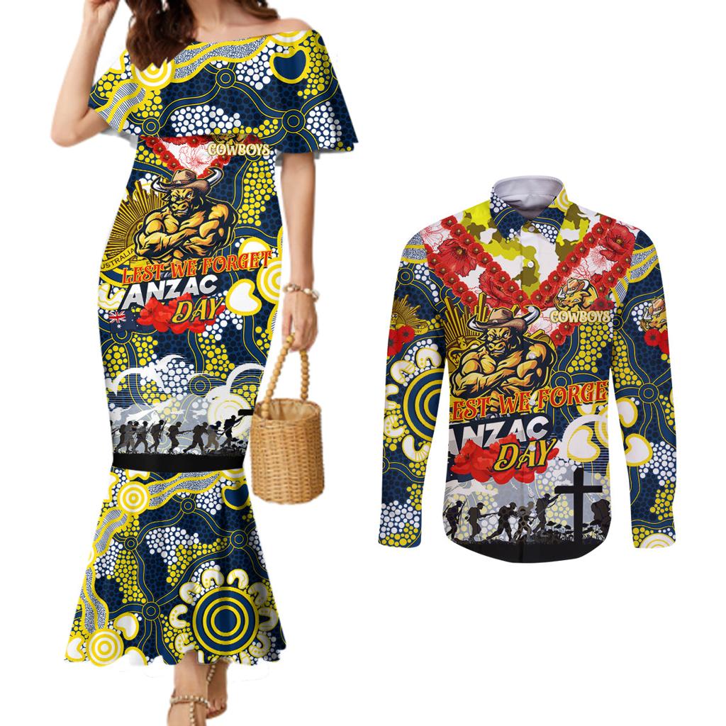 Personalised Cowboys ANZAC Day Couples Matching Mermaid Dress and Long Sleeve Button Shirt Aboriginal Rising Sun