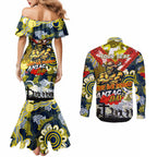 Personalised Cowboys ANZAC Day Couples Matching Mermaid Dress and Long Sleeve Button Shirt Aboriginal Rising Sun
