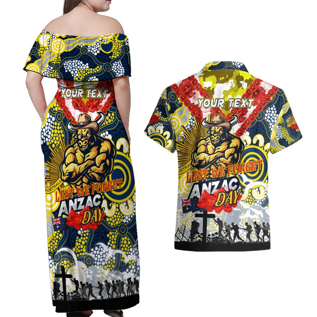 Personalised Cowboys ANZAC Day Couples Matching Off Shoulder Maxi Dress and Hawaiian Shirt Aboriginal Rising Sun