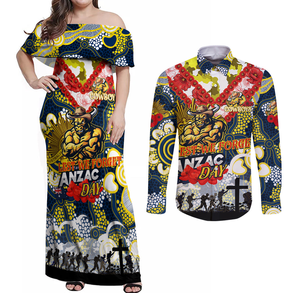 Personalised Cowboys ANZAC Day Couples Matching Off Shoulder Maxi Dress and Long Sleeve Button Shirt Aboriginal Rising Sun