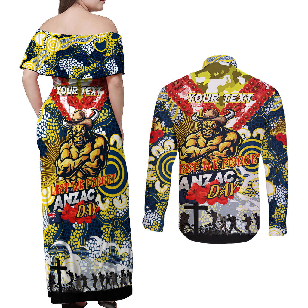 Personalised Cowboys ANZAC Day Couples Matching Off Shoulder Maxi Dress and Long Sleeve Button Shirt Aboriginal Rising Sun