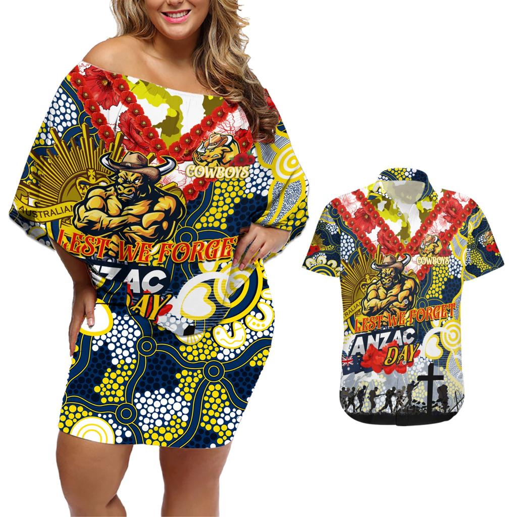 Personalised Cowboys ANZAC Day Couples Matching Off Shoulder Short Dress and Hawaiian Shirt Aboriginal Rising Sun