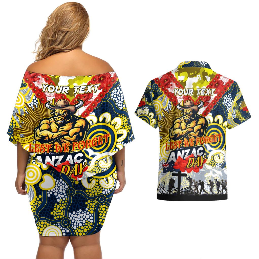 Personalised Cowboys ANZAC Day Couples Matching Off Shoulder Short Dress and Hawaiian Shirt Aboriginal Rising Sun
