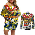 Personalised Cowboys ANZAC Day Couples Matching Off Shoulder Short Dress and Long Sleeve Button Shirt Aboriginal Rising Sun
