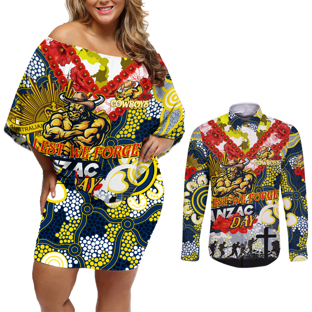 Personalised Cowboys ANZAC Day Couples Matching Off Shoulder Short Dress and Long Sleeve Button Shirt Aboriginal Rising Sun