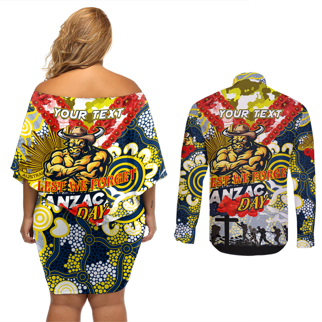 Personalised Cowboys ANZAC Day Couples Matching Off Shoulder Short Dress and Long Sleeve Button Shirt Aboriginal Rising Sun