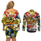 Personalised Cowboys ANZAC Day Couples Matching Off Shoulder Short Dress and Long Sleeve Button Shirt Aboriginal Rising Sun