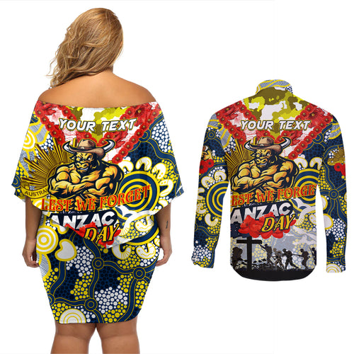Personalised Cowboys ANZAC Day Couples Matching Off Shoulder Short Dress and Long Sleeve Button Shirt Aboriginal Rising Sun