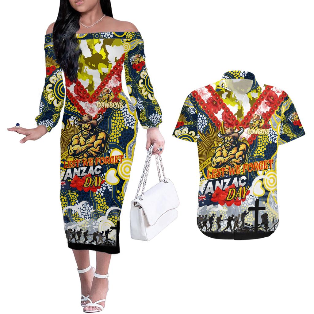 Personalised Cowboys ANZAC Day Couples Matching Off The Shoulder Long Sleeve Dress and Hawaiian Shirt Aboriginal Rising Sun