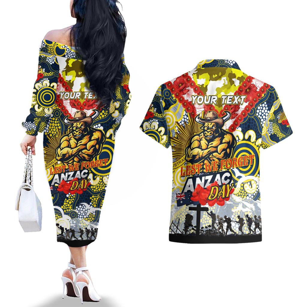 Personalised Cowboys ANZAC Day Couples Matching Off The Shoulder Long Sleeve Dress and Hawaiian Shirt Aboriginal Rising Sun