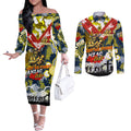 Personalised Cowboys ANZAC Day Couples Matching Off The Shoulder Long Sleeve Dress and Long Sleeve Button Shirt Aboriginal Rising Sun