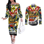 Personalised Cowboys ANZAC Day Couples Matching Off The Shoulder Long Sleeve Dress and Long Sleeve Button Shirt Aboriginal Rising Sun