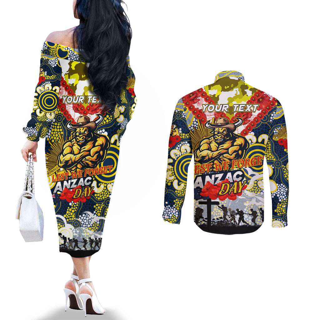 Personalised Cowboys ANZAC Day Couples Matching Off The Shoulder Long Sleeve Dress and Long Sleeve Button Shirt Aboriginal Rising Sun