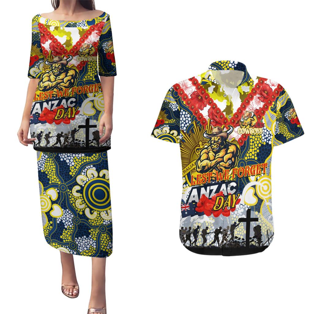 Personalised Cowboys ANZAC Day Couples Matching Puletasi and Hawaiian Shirt Aboriginal Rising Sun