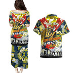 Personalised Cowboys ANZAC Day Couples Matching Puletasi and Hawaiian Shirt Aboriginal Rising Sun