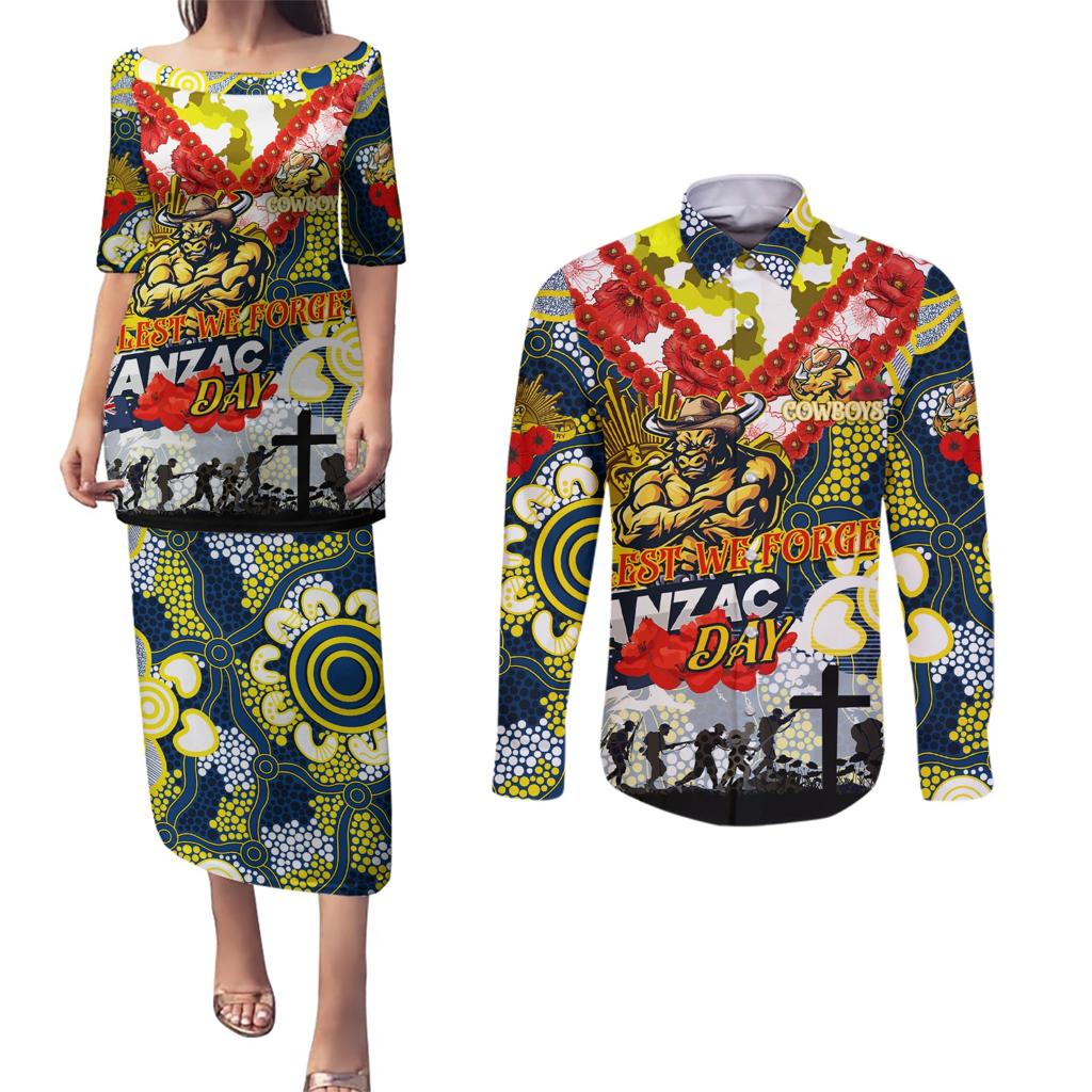 Personalised Cowboys ANZAC Day Couples Matching Puletasi and Long Sleeve Button Shirt Aboriginal Rising Sun
