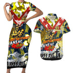 Personalised Cowboys ANZAC Day Couples Matching Short Sleeve Bodycon Dress and Hawaiian Shirt Aboriginal Rising Sun