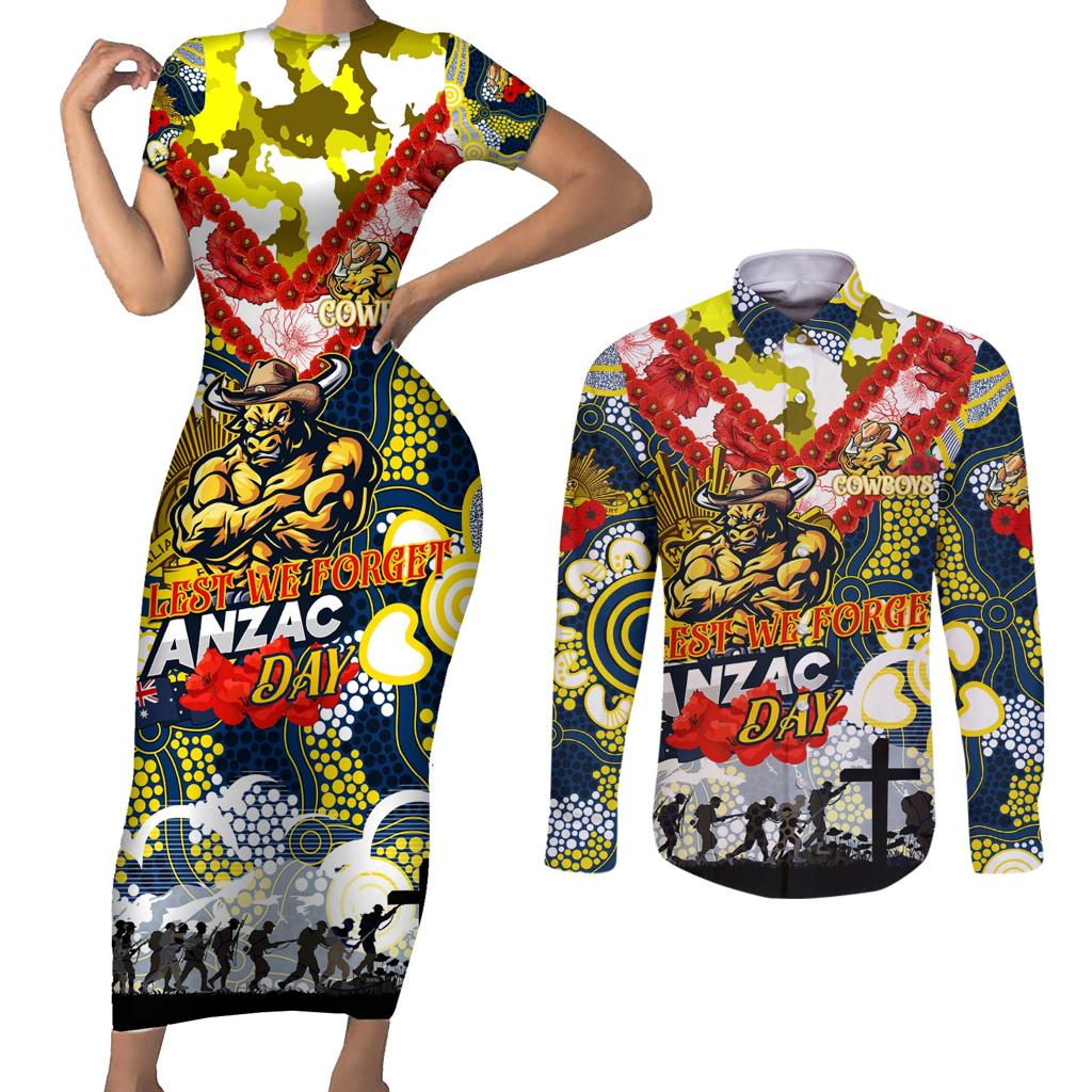 Personalised Cowboys ANZAC Day Couples Matching Short Sleeve Bodycon Dress and Long Sleeve Button Shirt Aboriginal Rising Sun