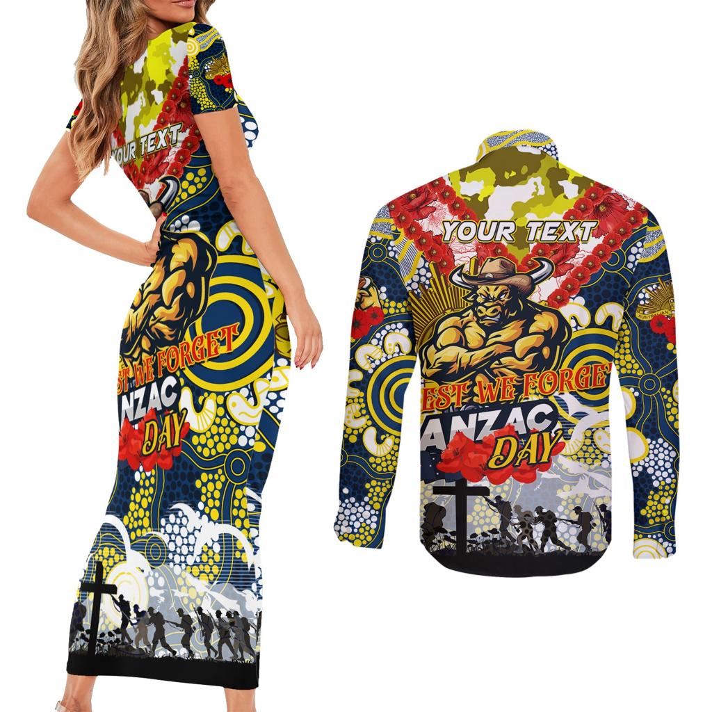 Personalised Cowboys ANZAC Day Couples Matching Short Sleeve Bodycon Dress and Long Sleeve Button Shirt Aboriginal Rising Sun