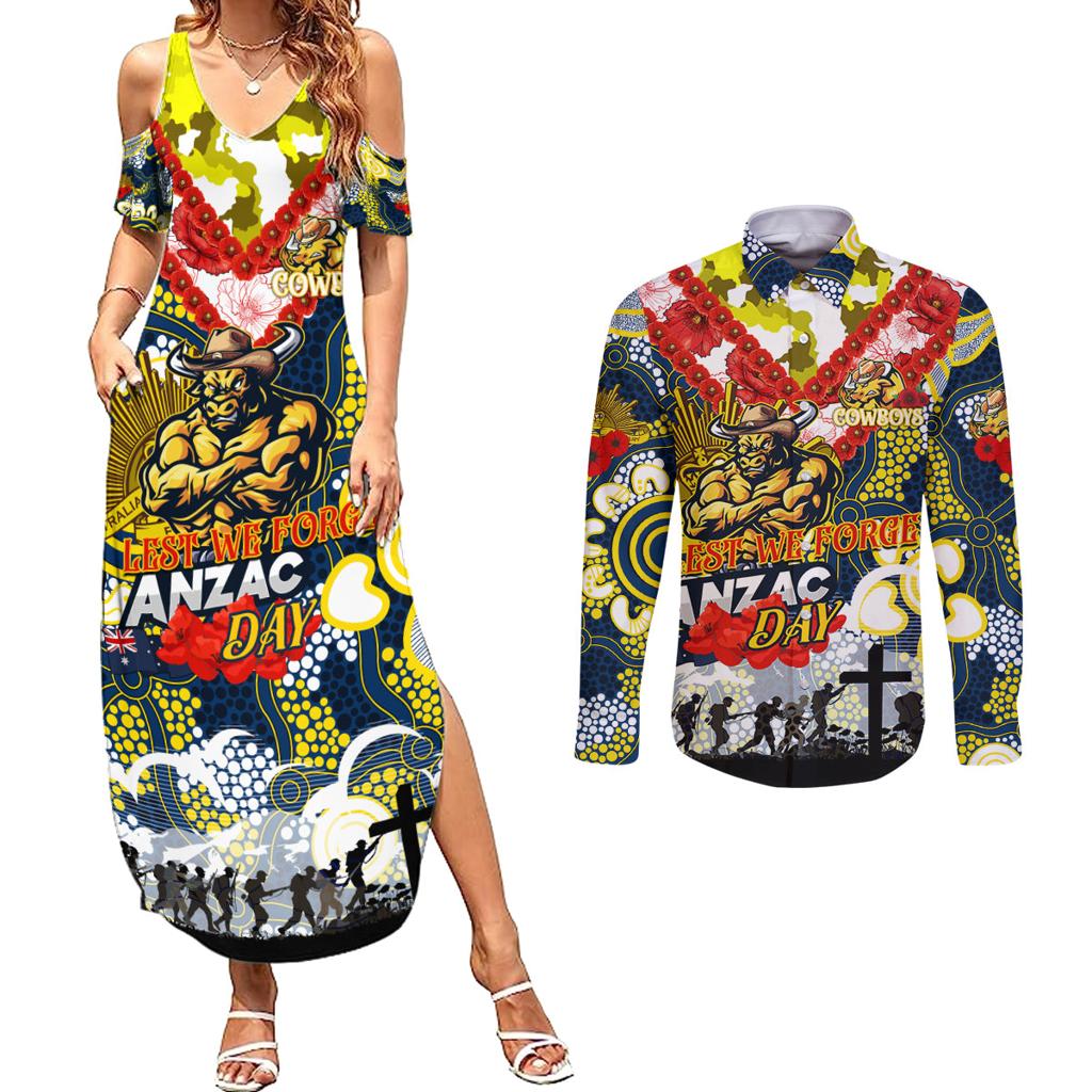 Personalised Cowboys ANZAC Day Couples Matching Summer Maxi Dress and Long Sleeve Button Shirt Aboriginal Rising Sun
