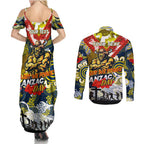 Personalised Cowboys ANZAC Day Couples Matching Summer Maxi Dress and Long Sleeve Button Shirt Aboriginal Rising Sun
