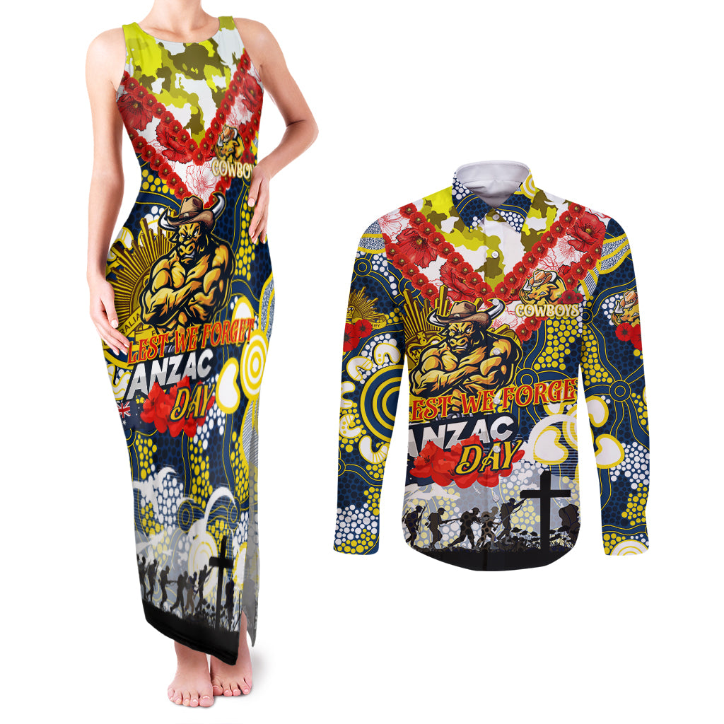 Personalised Cowboys ANZAC Day Couples Matching Tank Maxi Dress and Long Sleeve Button Shirt Aboriginal Rising Sun