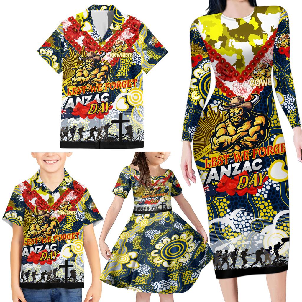 Personalised Cowboys ANZAC Day Family Matching Long Sleeve Bodycon Dress and Hawaiian Shirt Aboriginal Rising Sun