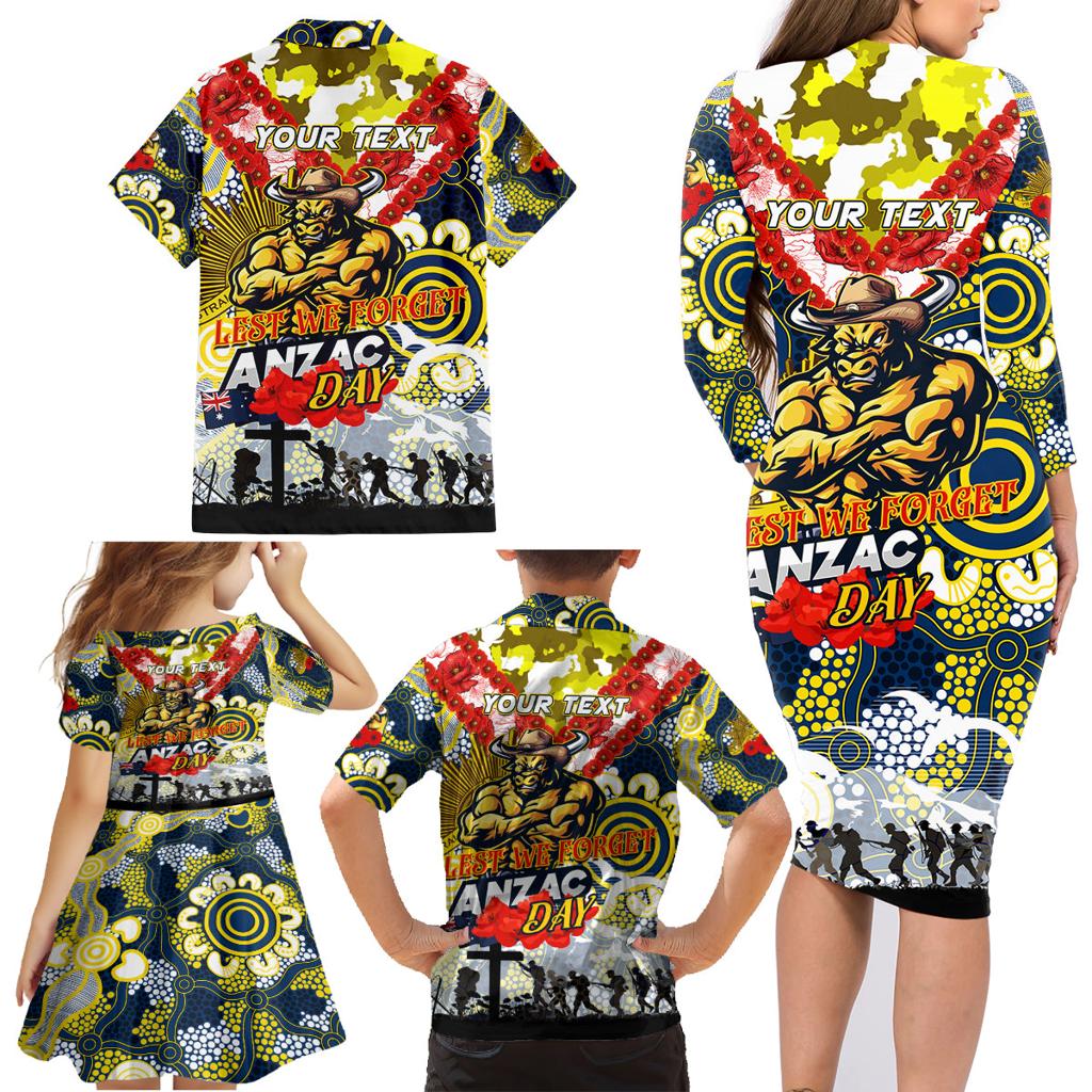 Personalised Cowboys ANZAC Day Family Matching Long Sleeve Bodycon Dress and Hawaiian Shirt Aboriginal Rising Sun