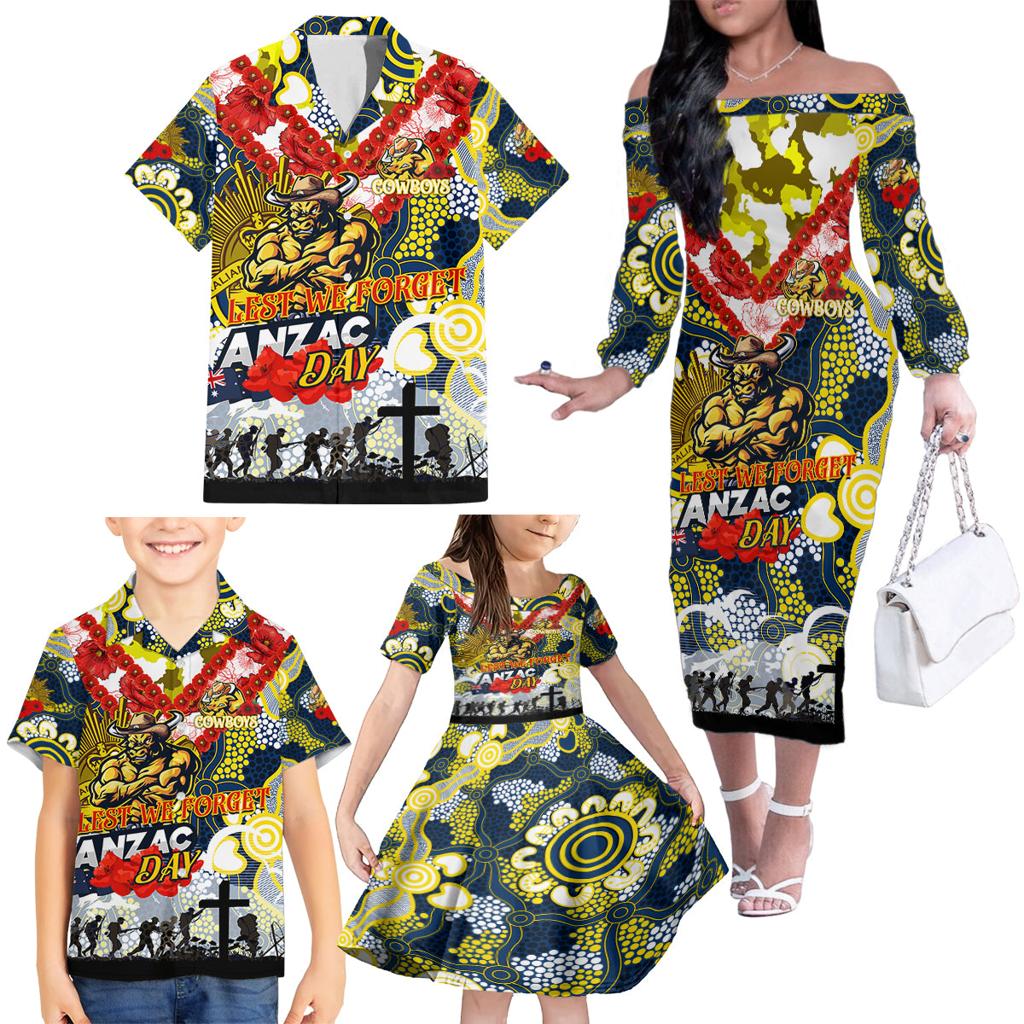 Personalised Cowboys ANZAC Day Family Matching Off The Shoulder Long Sleeve Dress and Hawaiian Shirt Aboriginal Rising Sun