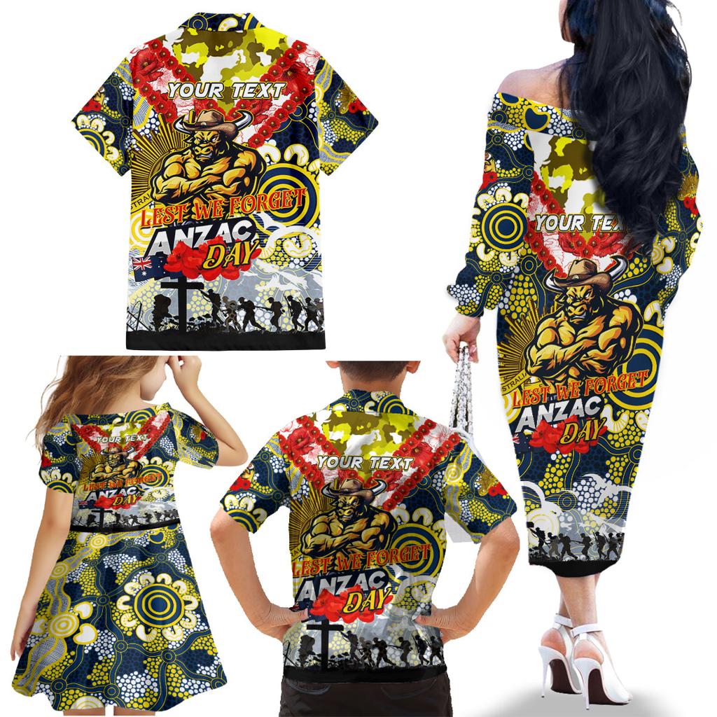 Personalised Cowboys ANZAC Day Family Matching Off The Shoulder Long Sleeve Dress and Hawaiian Shirt Aboriginal Rising Sun