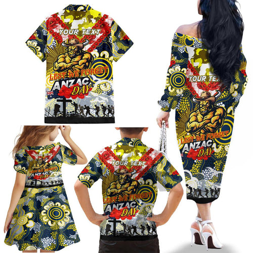 Personalised Cowboys ANZAC Day Family Matching Off The Shoulder Long Sleeve Dress and Hawaiian Shirt Aboriginal Rising Sun